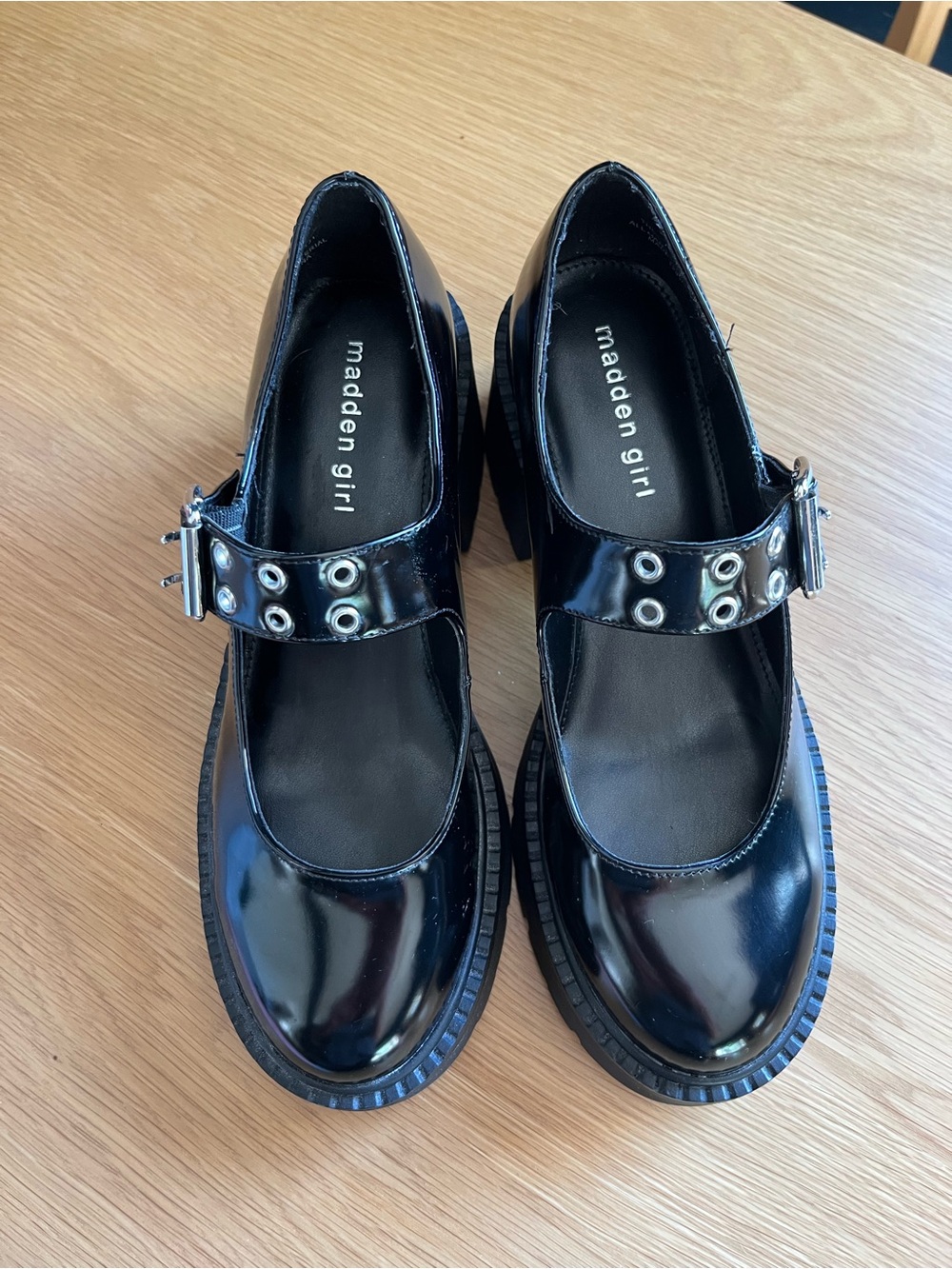 Madden Girl Black Patent Mary Jane Heels with Silver Hardware